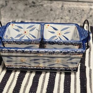 NEW Temptations Old World Blue 4 Pc Bakeware Set Loaf Pan Ramekins w Metal Stand